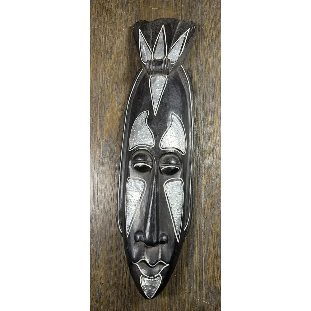 Vintage Ghana Hand Carved Wood Wall Mask Silver Metal 20” African Art